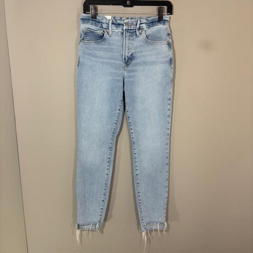 Good American Jeans Womens 4/27 Blue Light Wash Skinny Distressed Fringe Denim